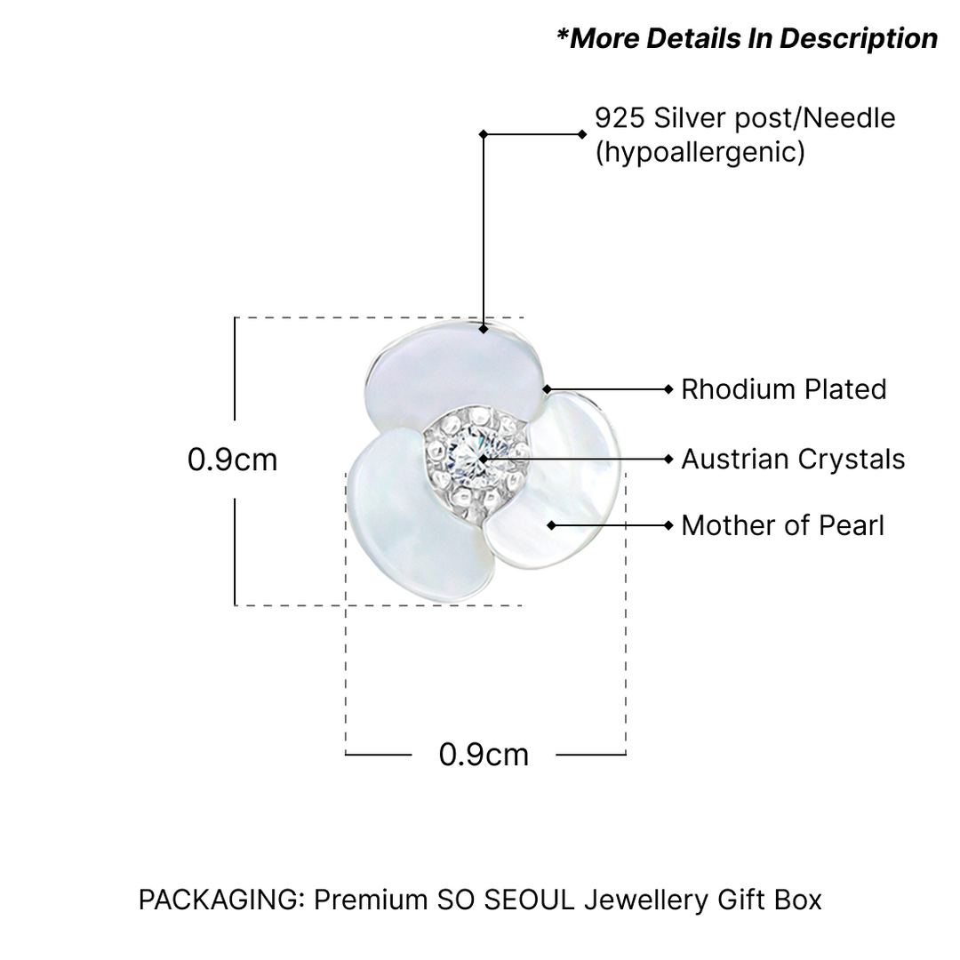 SO SEOUL Claire Triple Flower Petal Mother of Pearl or Abalone Shell Stud Earrings with Austrian Crystals