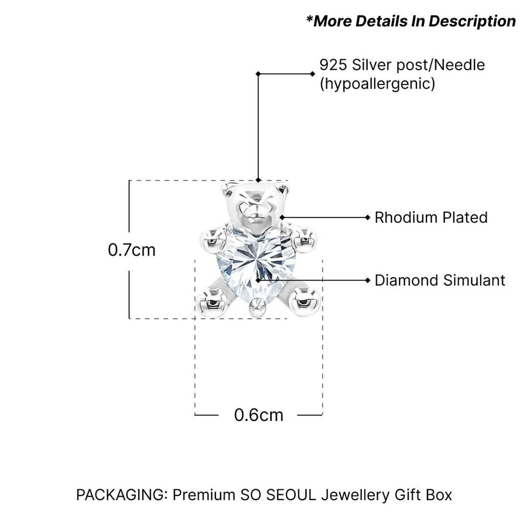SO SEOUL Teddy Bear Heart Diamond Simulated Stud Earrings