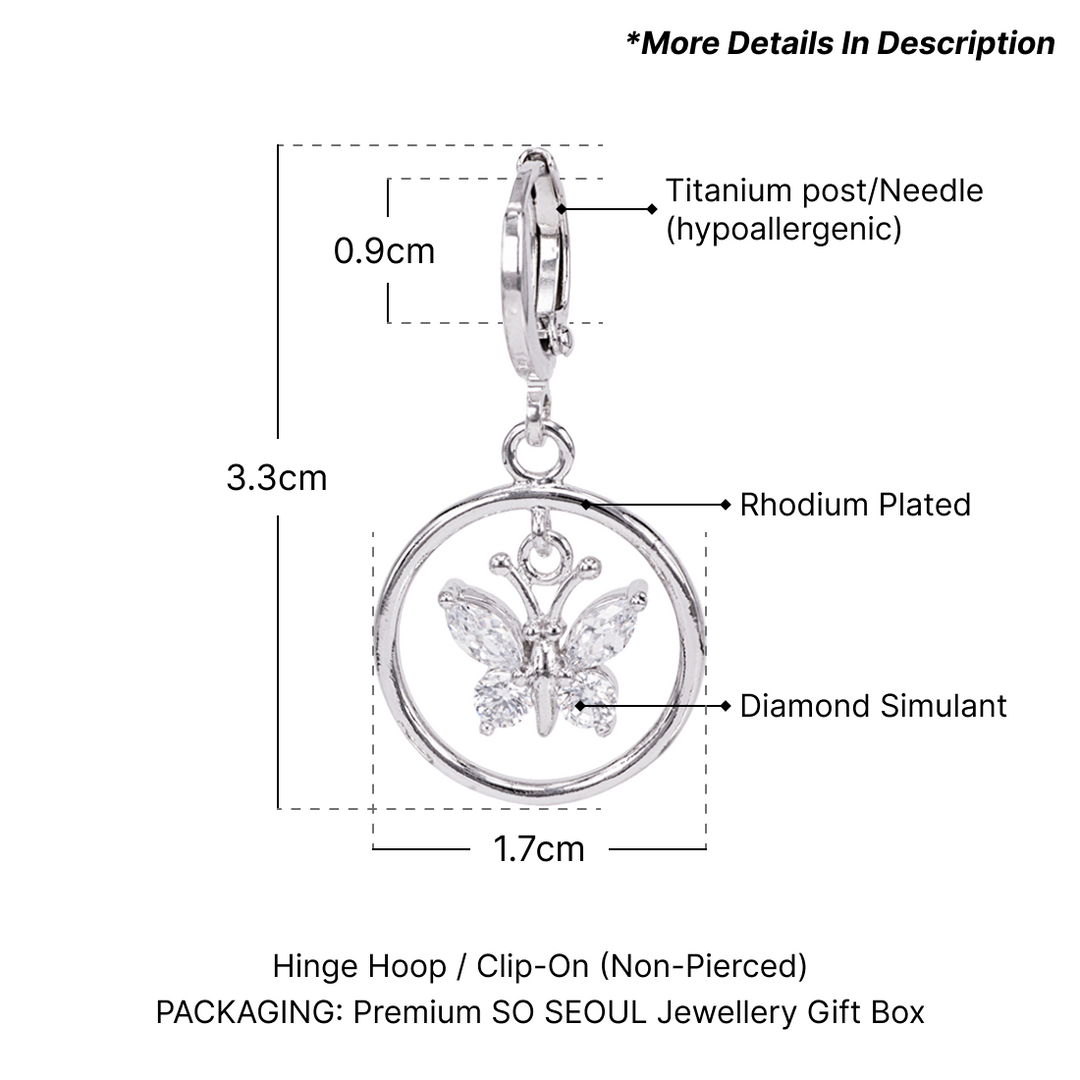 SO SEOUL Caria Butterfly Circle Diamond Simulant Cubic Zirconia Pendant Hoop Earrings and Pendant Necklace Set