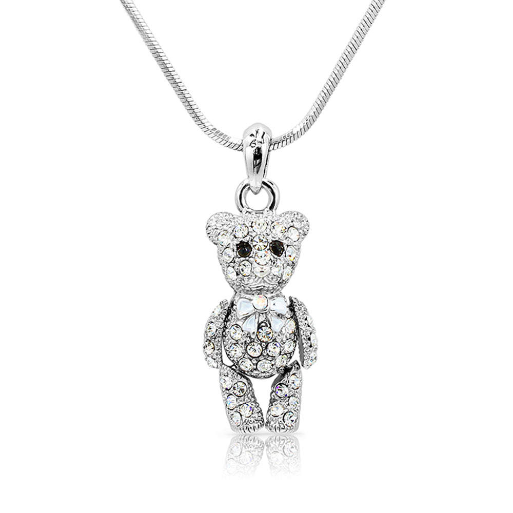 SO SEOUL Crystal Teddy Bear Pendant Necklace with Movable Limbs - Available in White, Aurora Boreale, Blue, Pink