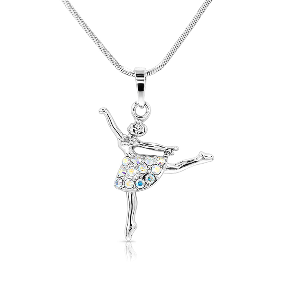 SO SEOUL Ellie Ballerina Dancer Aurore Boreale Austrian Crystal Ballet Pendant Chain Necklace - Elegant Gift for Girls