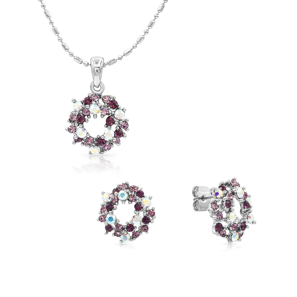 SO SEOUL Aqua Blue or Glimmering Purple Wreath Austrian Crystal Stud Earrings and Pendant Necklace Set
