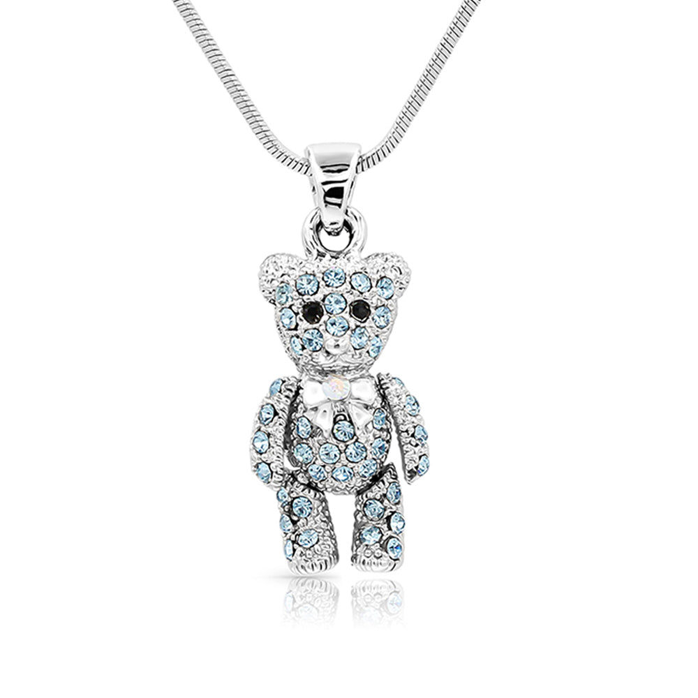 SO SEOUL Crystal Teddy Bear Pendant Necklace with Movable Limbs - Available in White, Aurora Boreale, Blue, Pink