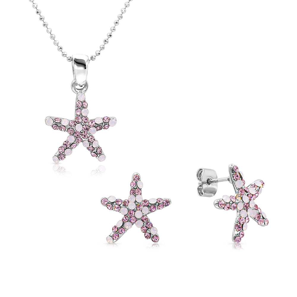 SO SEOUL Starfish-Inspired Aurore Boreale and Pink Austrian Crystal Stud Earrings and Pendant Necklace Set