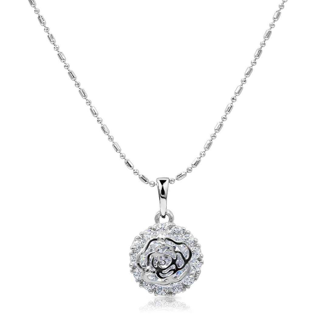 SO SEOUL Camellia-Inspired Rose, White or Ruby-Red Floral Diamond Simulant Zirconia Pendant Necklace