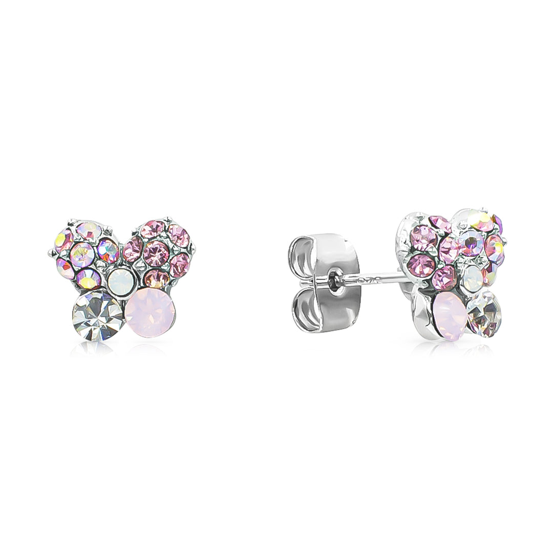 SO SEOUL Petite Caria Butterfly Austrian Crystal Set - Aurore Boreale or Pink Stud Earrings and Pendant Necklace