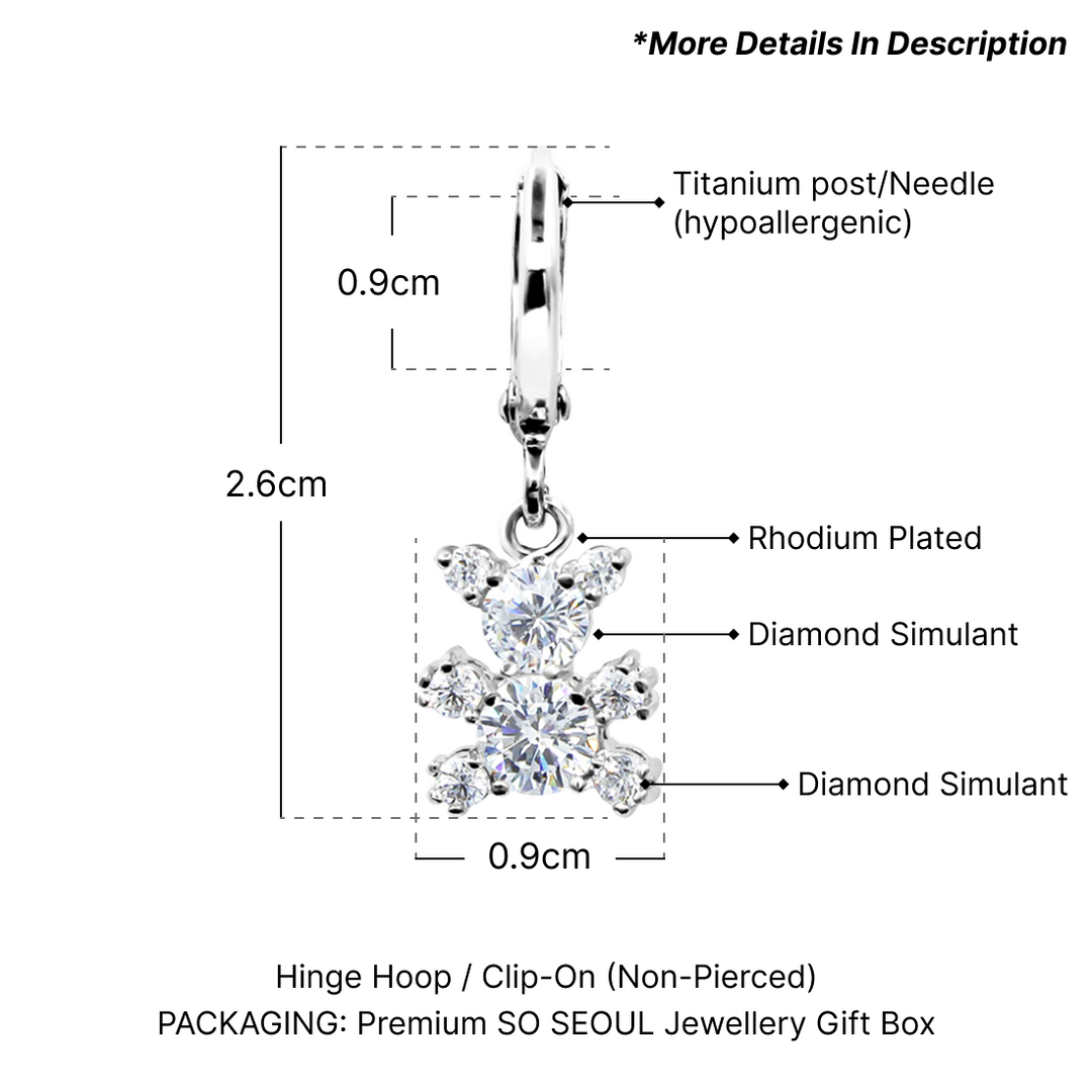SO SEOUL Charming Teddy Bear Diamond Simulant Cubic Zirconia Hoop or Clip-On Earrings