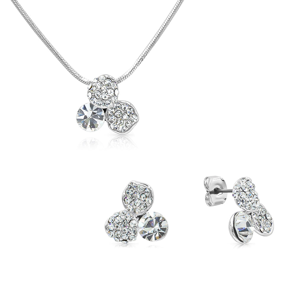 SO SEOUL Glimmering Petal Austrian Crystal Stud Earrings and Pendant Chain Necklace Gift Set