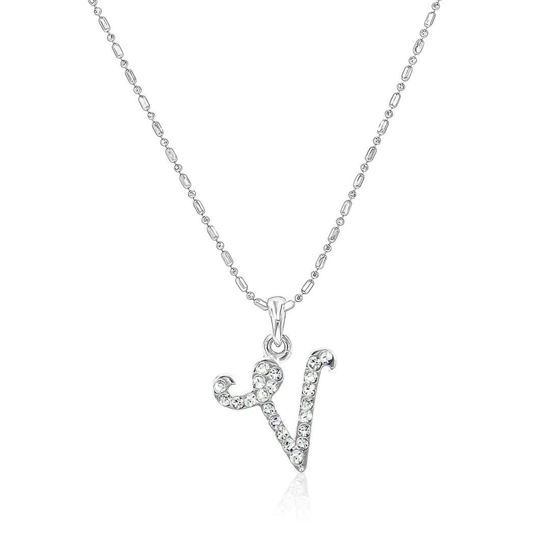 SO SEOUL Personalized Initial Alphabet Letter White Austrian Crystal Pendant Chain Necklace