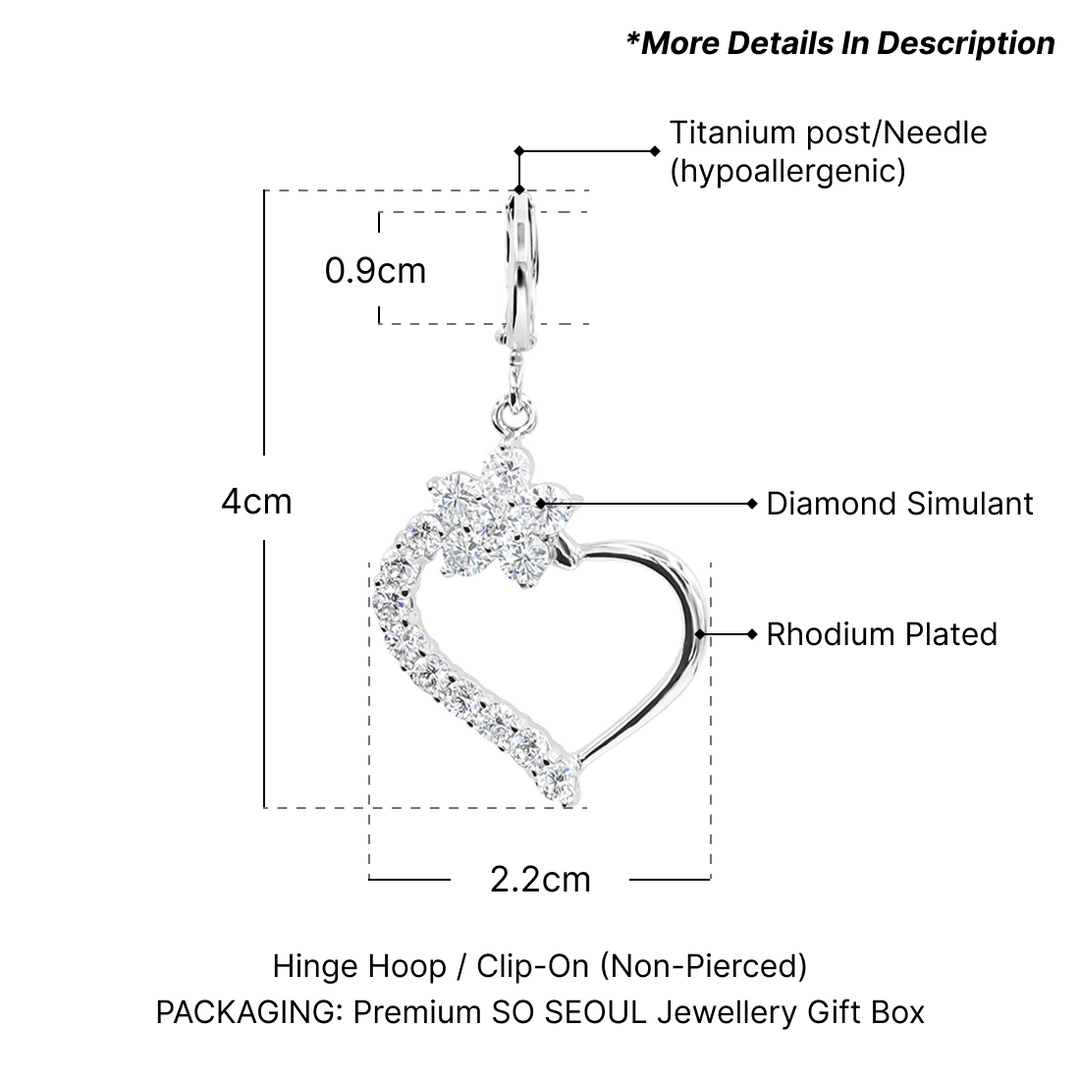 SO SEOUL Amora Open Heart Earrings - Diamond Simulant Zirconia with Floral Detail Hoops or Clip-Ons