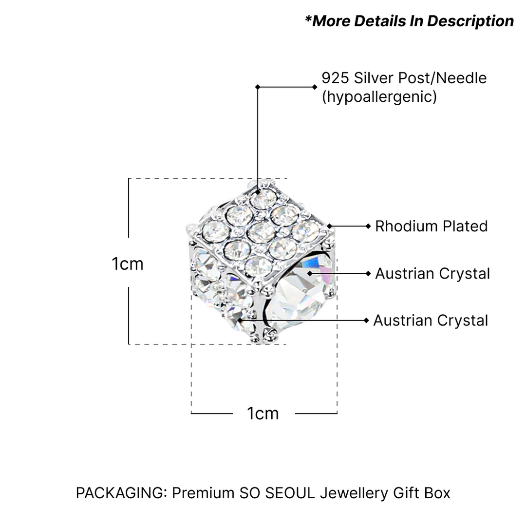 SO SEOUL Sequoia Crystal Cube 3D 'Rubik' White Austrian Crystal Stud Earrings