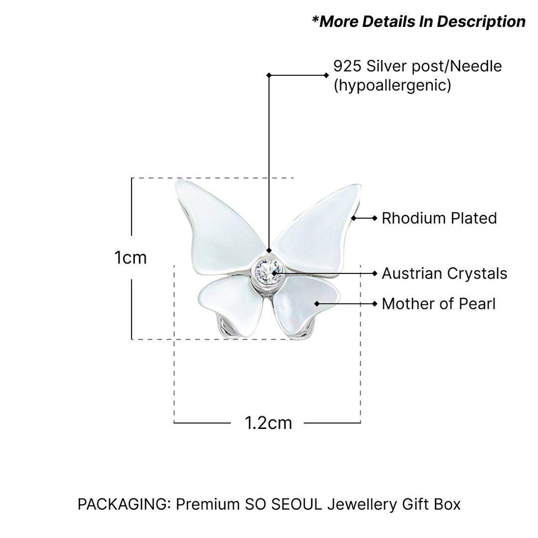 SO SEOUL Claire Flower Butterfly Mother of Pearl or Abalone Shell with Austrian Crystal Stud Earrings and Pendant Necklace Set