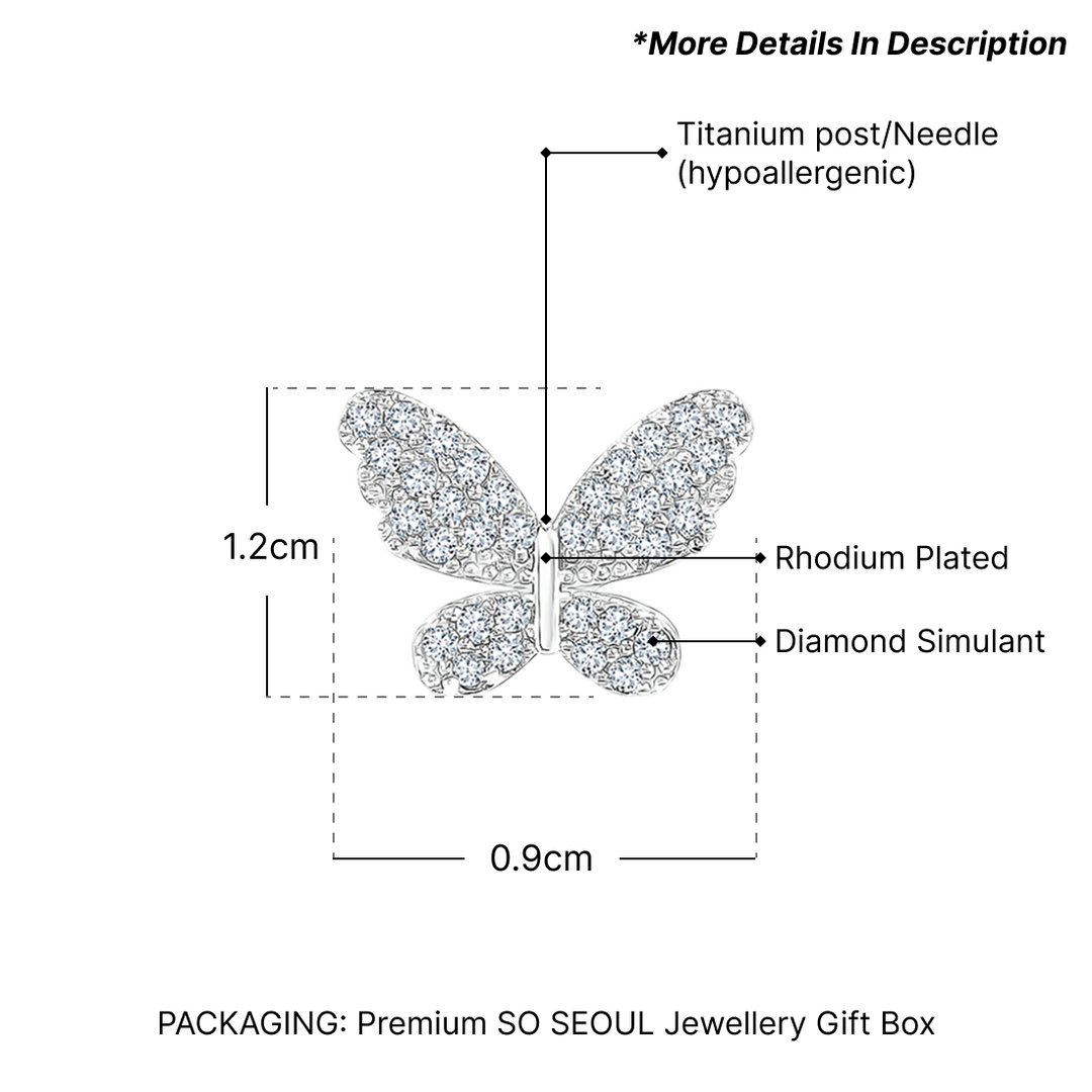 SO SEOUL Everleigh Butterfly Stud Earrings with Diamond Simulant Titanium Post Rhodium Plated