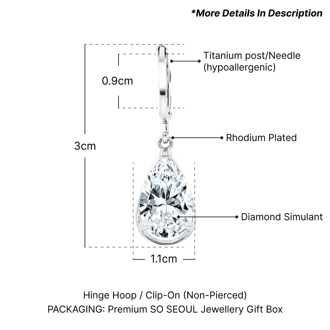 SO SEOUL Luxury Crown 3-Prong Solitaire Pear Cut Diamond Simulant Zirconia Hoop and Clip-On Earrings Set