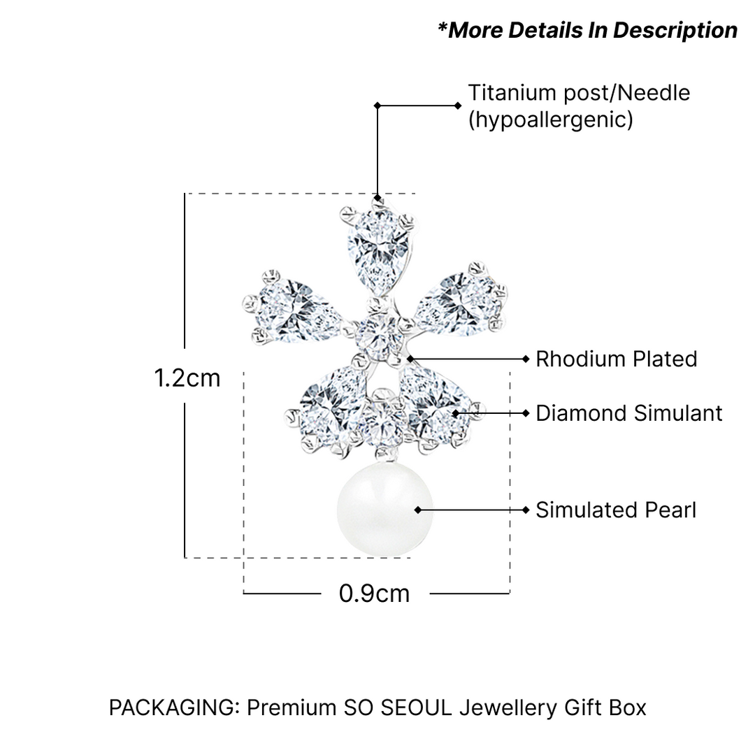 SO SEOUL Leilani Flower Featuring a Bottom Pearl Diamond Simulant Cubic Stud Earrings