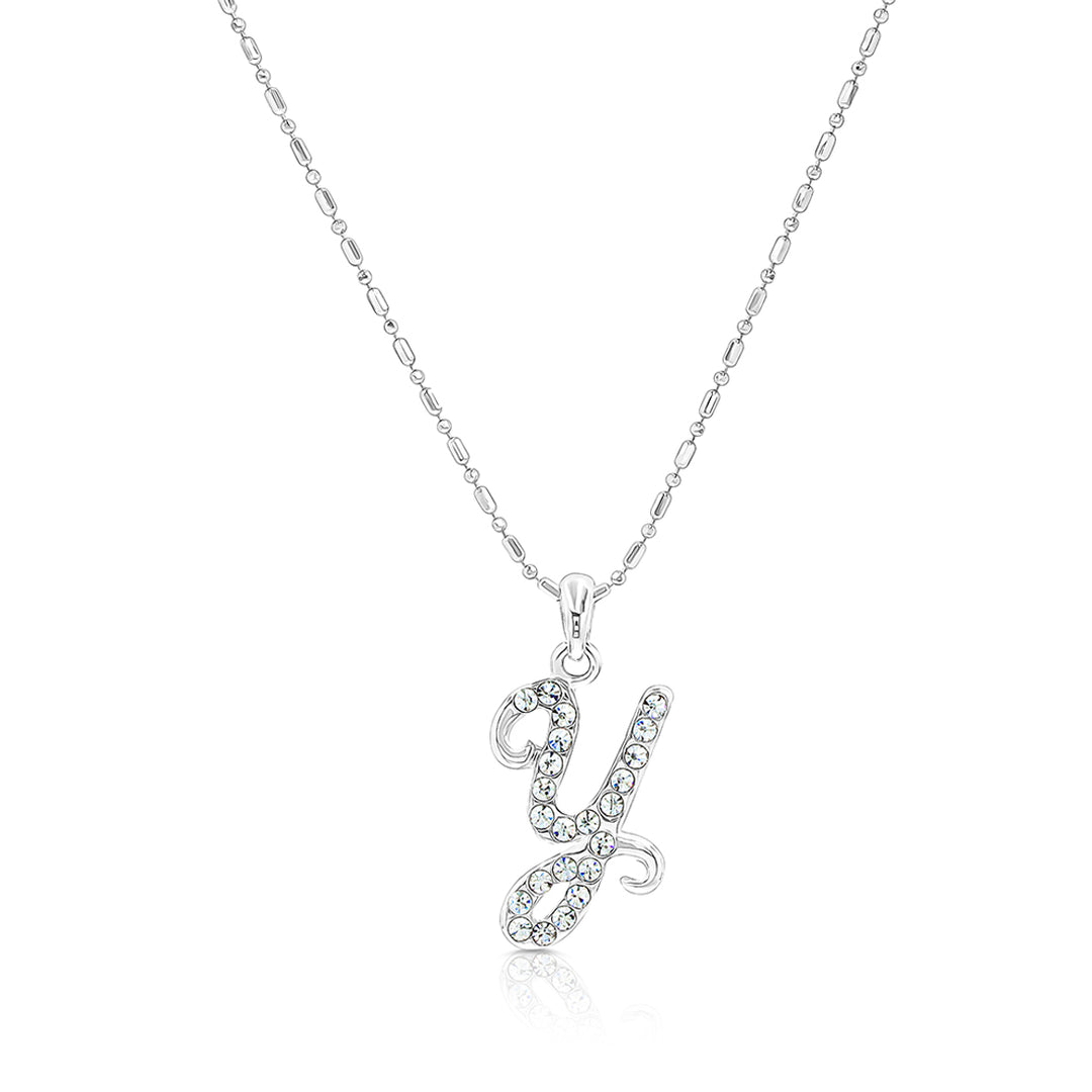 SO SEOUL Personalized Initial Alphabet Letter White Austrian Crystal Pendant Chain Necklace