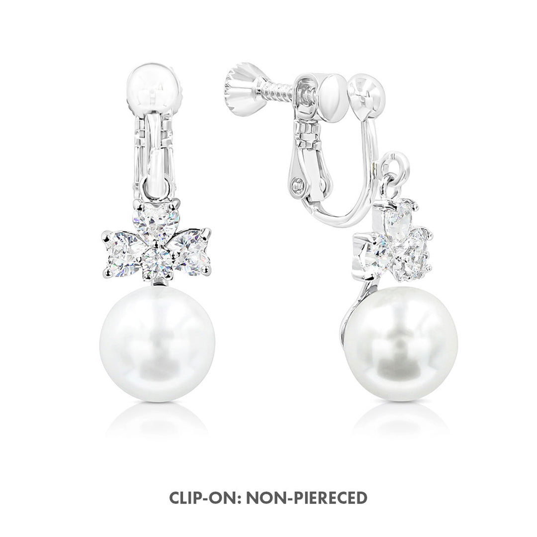 SO SEOUL Alette Clover Earrings - Pearl Drop with Cubic Zirconia Diamond Simulant Hinge Hoops or Clip-On Variants