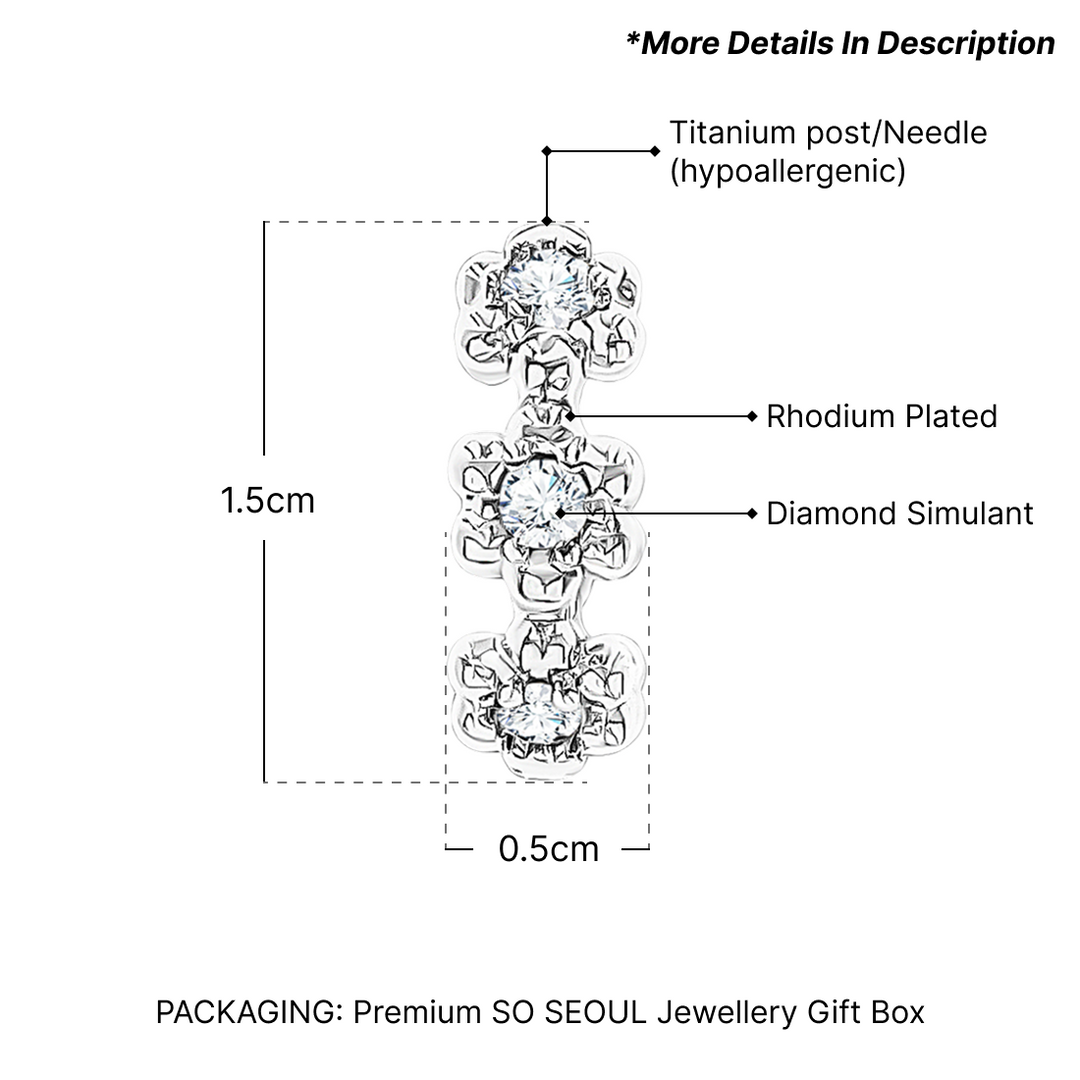 SO SEOUL Harley Huggie Triple Flower Diamond Simulant Hoop Clip Earrings