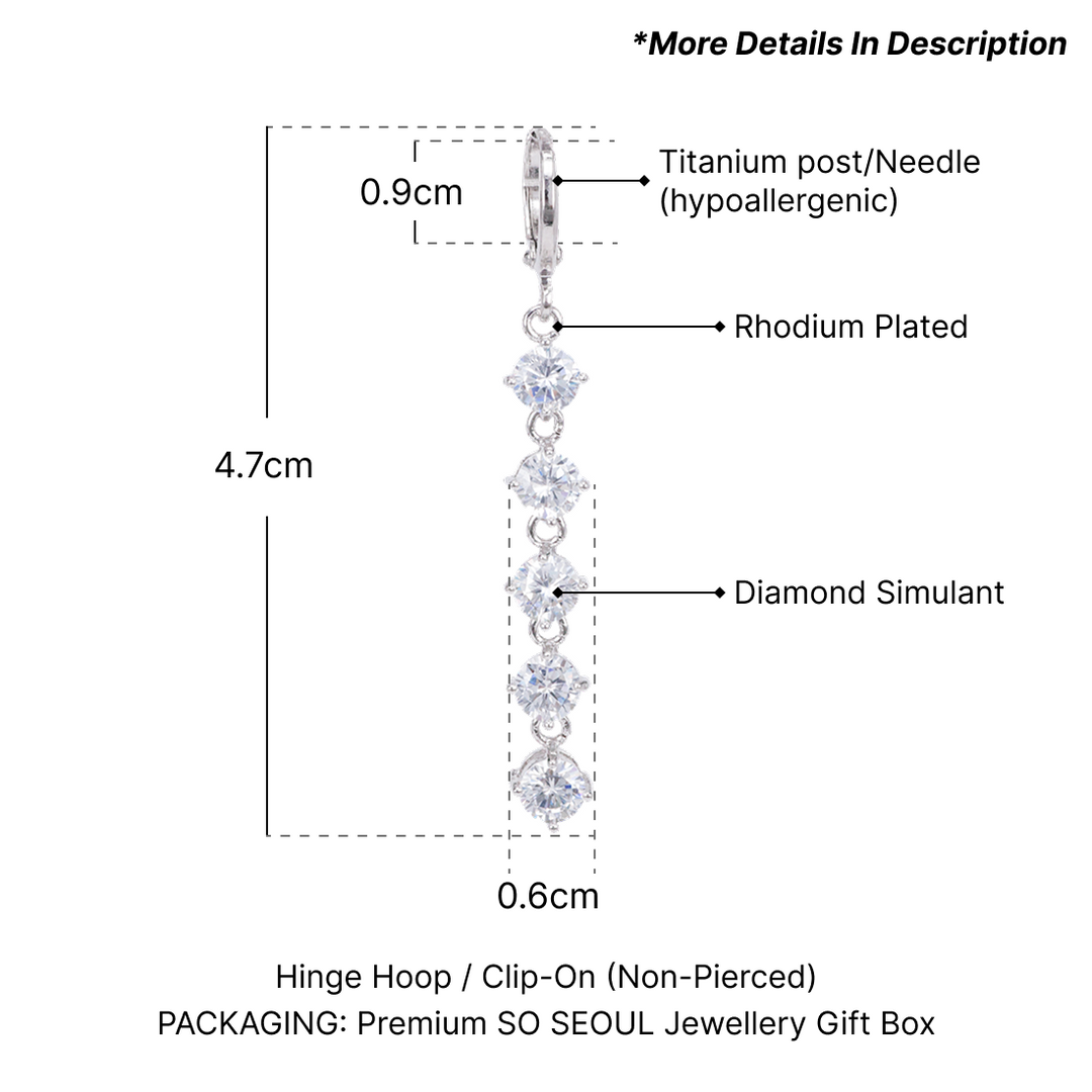 SO SEOUL Athena Quintuple 4-Prong Brilliant-Cut Diamond Simulant Long Drop Dangle Earrings with Hoop and Clip-On Options