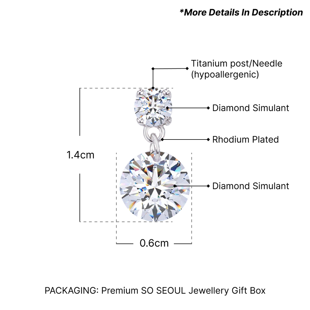 SO SEOUL Athena Solitaire Round Brilliant Diamond Simulant Cubic Zircon Dangle Pierced Stud Earrings