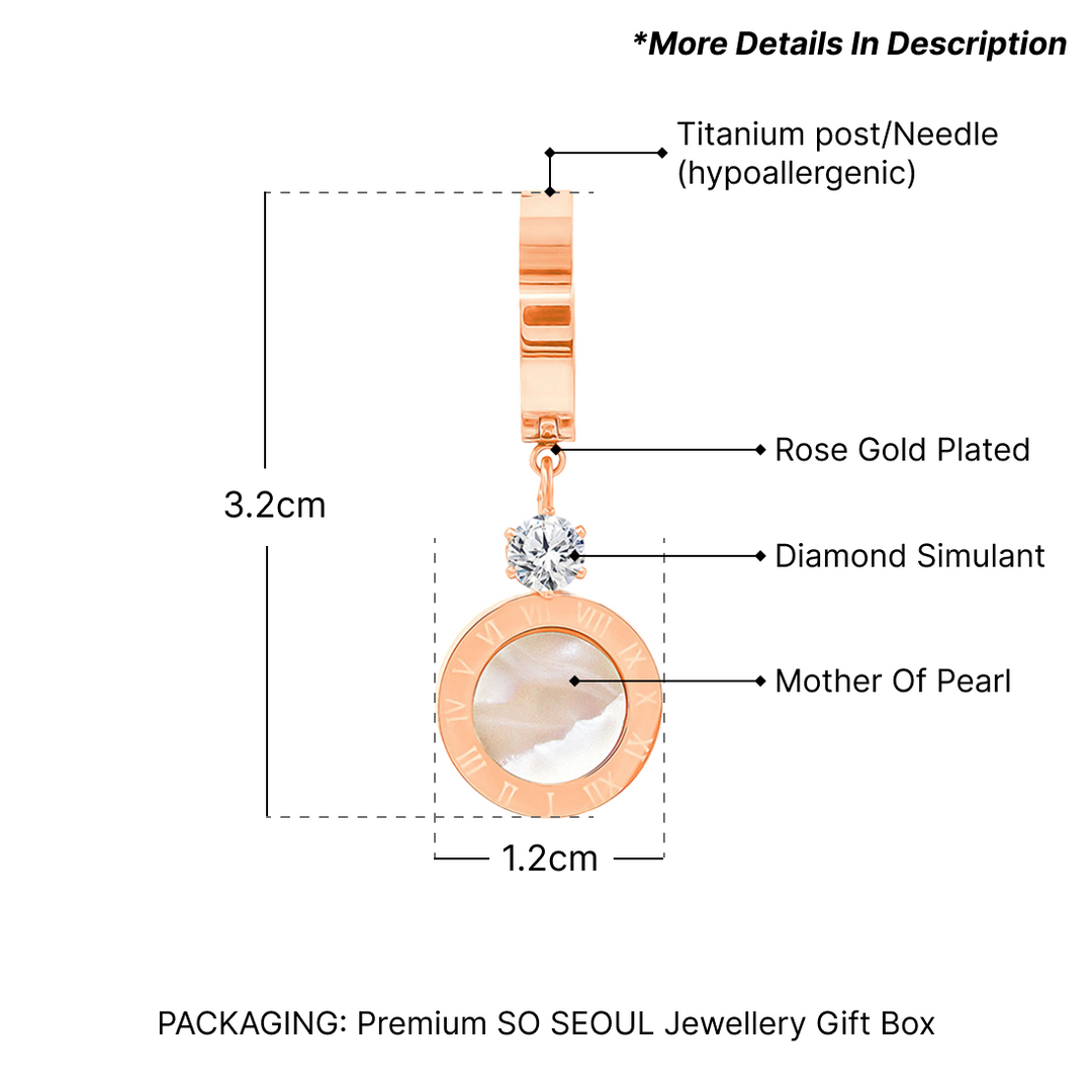 SO SEOUL Valeria Roman Numeral Classic Round Mother of Pearl Rose Gold Hoop Earrings