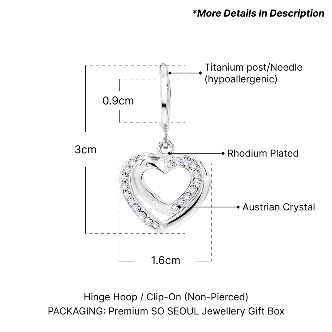 SO SEOUL Amora Enchantment - White Austrian Crystal Open Heart Earrings or Clip-On Earrings Options