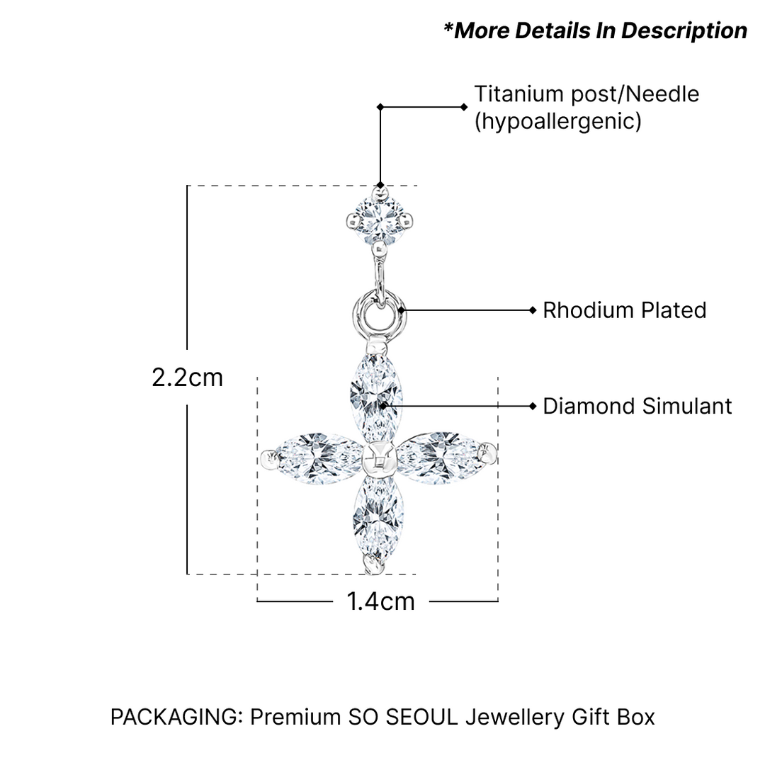 SO SEOUL Calista Four Leaf Clover Inspired Earrings Diamond Simulant Drop Rhodium Titanium