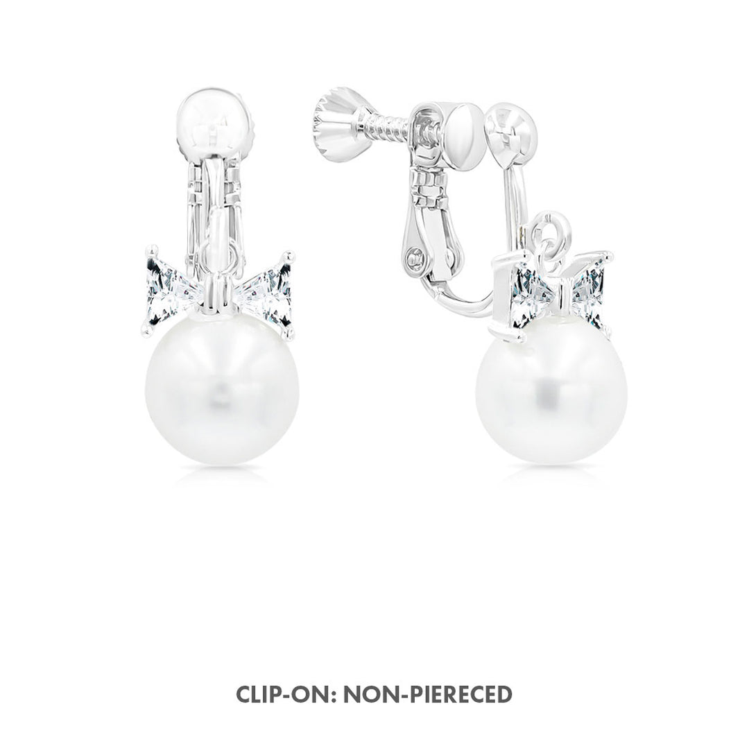 SO SEOUL Elegant Pearl and Diamond Simulant Ribbon Hoop or Clip-On Earrings