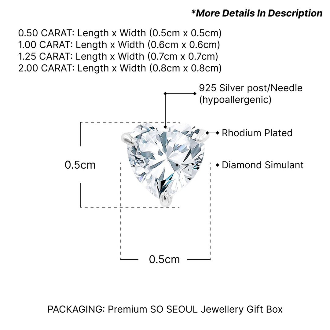 SO SEOUL Amora Heart 0.5-2.0 CARAT Diamond Simulant Cubic Zirconia Heart-Shaped Pierced Stud Earrings