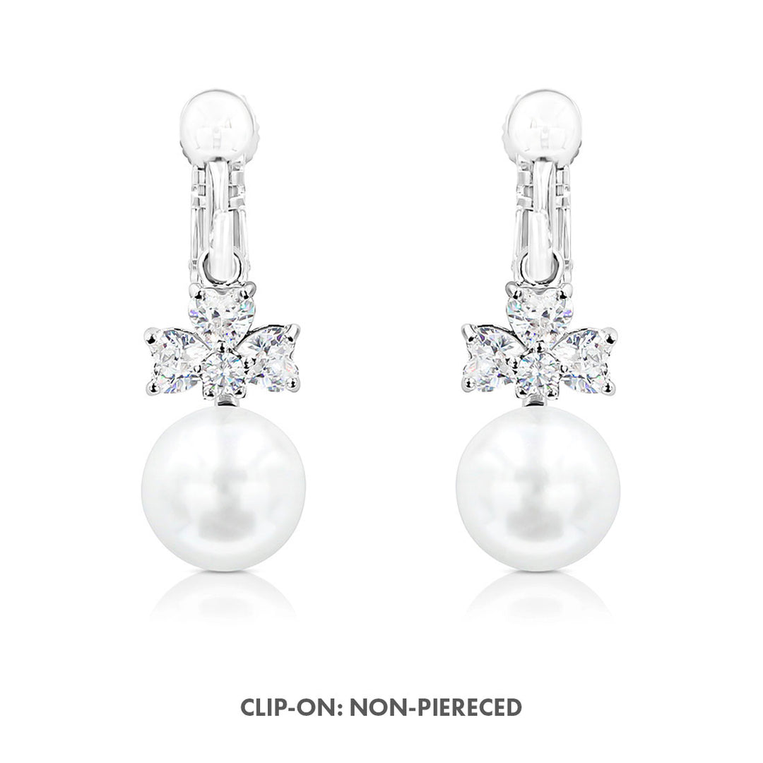 SO SEOUL Alette Clover Earrings - Pearl Drop with Cubic Zirconia Diamond Simulant Hinge Hoops or Clip-On Variants