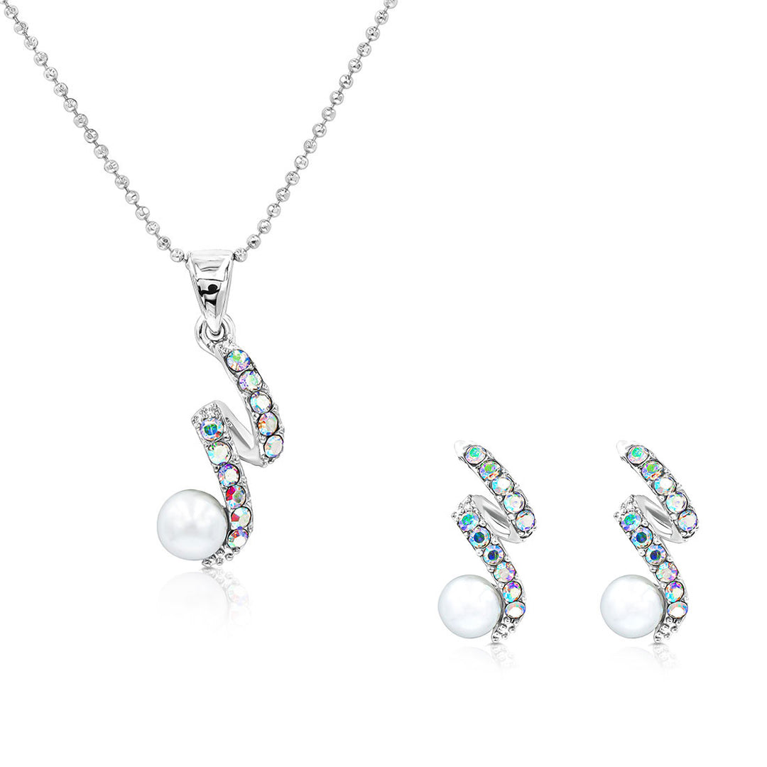 SO SEOUL Glimmering Iridescent Swirl Pearl and Aurora Boreale Austrian Crystal Jewelry Gift Set with Pendant Chain Necklace and Stud Earrings