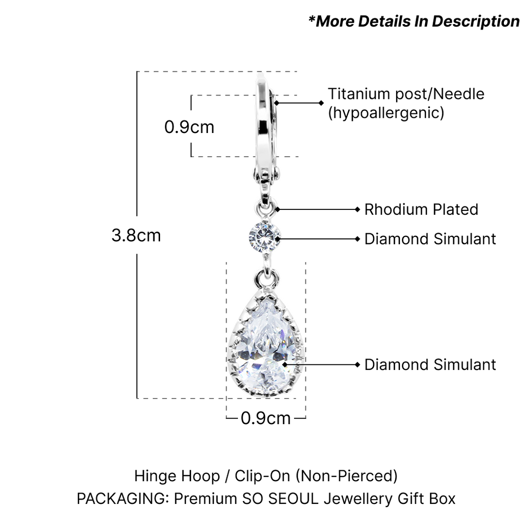 SO SEOUL Luxury Crown Teardrop and Round Diamond Simulant  Cubic Zirconia Hoop or Clip-On Earrings