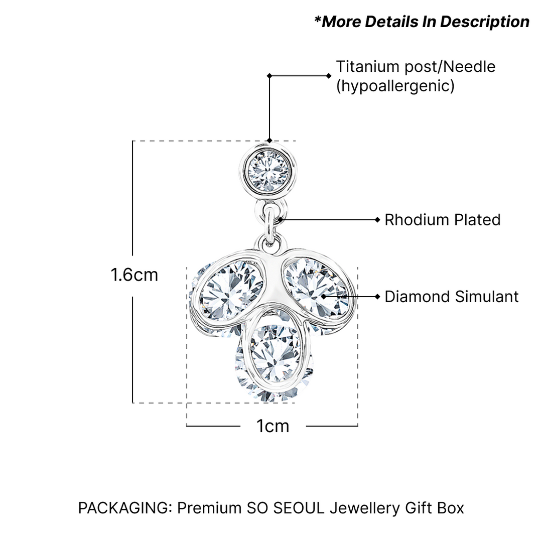 SO SEOUL Glimmering Diamond Simulant Drop Earrings Floral Cluster Design Titanium Post Rhodium Plated
