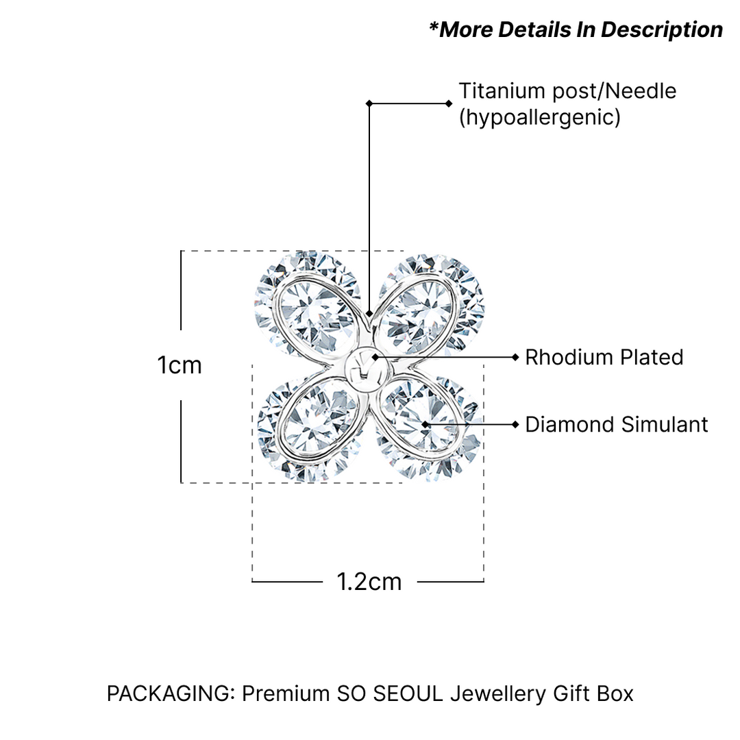 SO SEOUL Calista Four Petal Floral Stud Earrings Diamond Simulant Rhodium Titanium Hypoallergenic