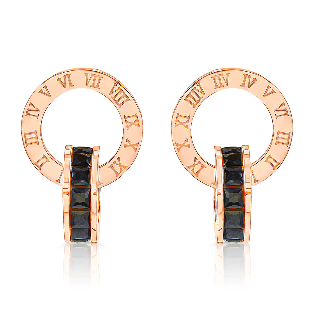 SO SEOUL Roman Numeral Emerald Square White/Black Austrian Crystal Rose Gold Pierced Stud Earrings