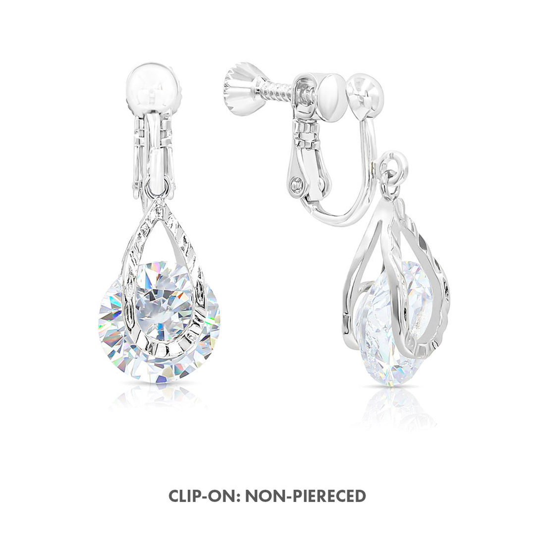 SO SEOUL Callista Diamond-Simulant Teardrop Hoop or Clip-On Earrings Set