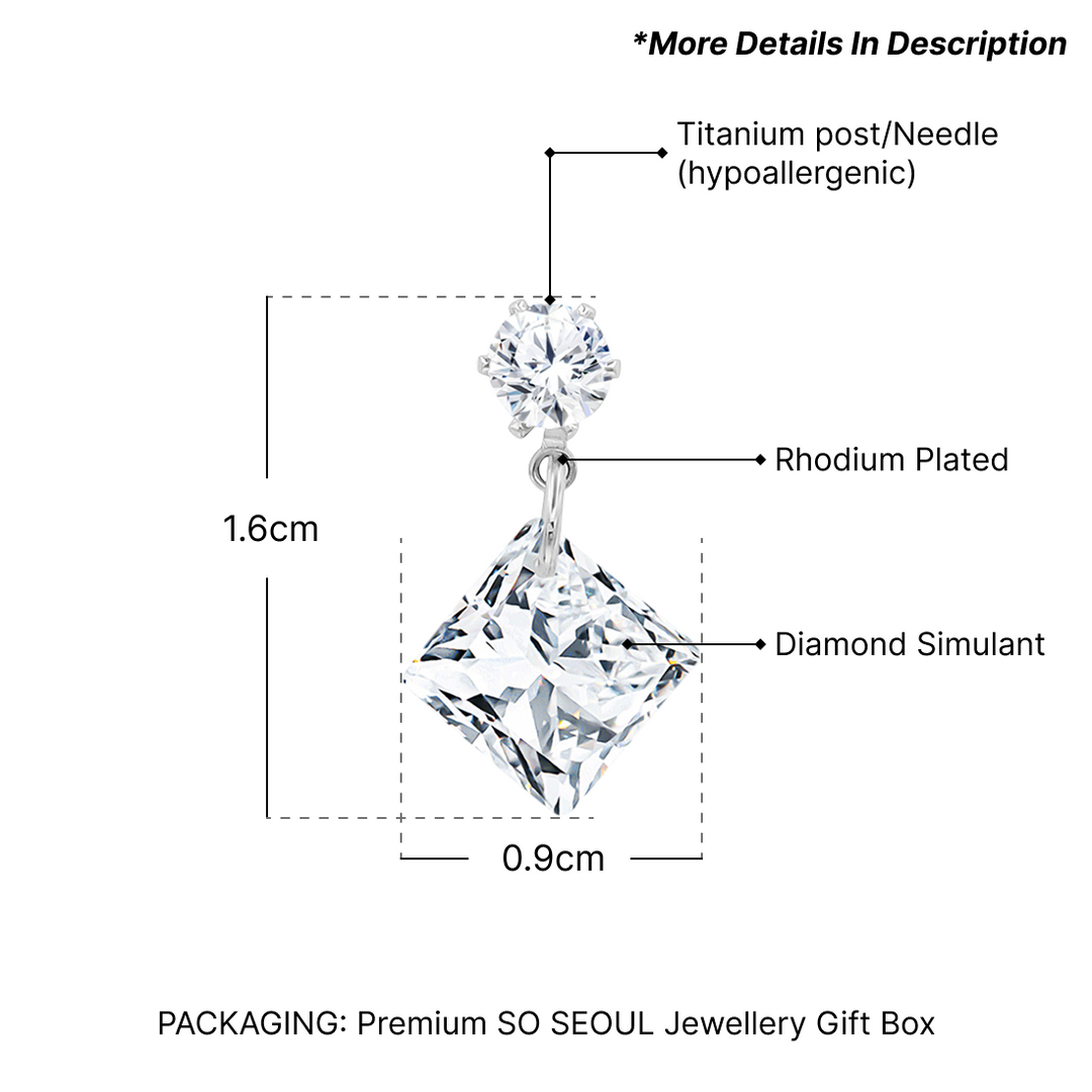 SO SEOUL Athena Square Brilliant Cut Diamond Simulant Cubic Zirconia Drop Stud Earrings
