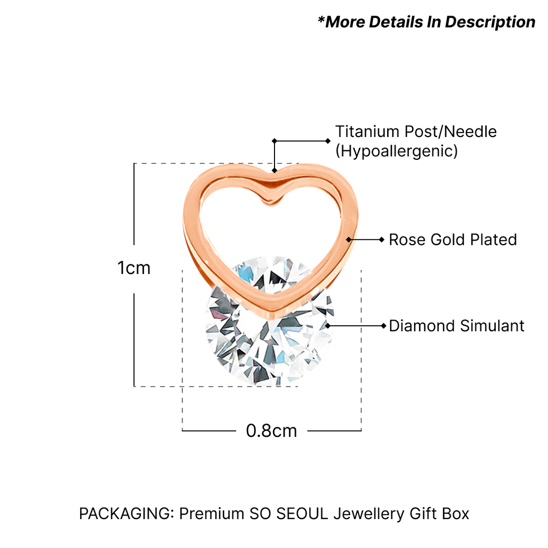 SO SEOUL Amora 0.5 CARAT Open Heart Solitaire Diamond Simulant in Rose Gold Pierced Stud Earrings