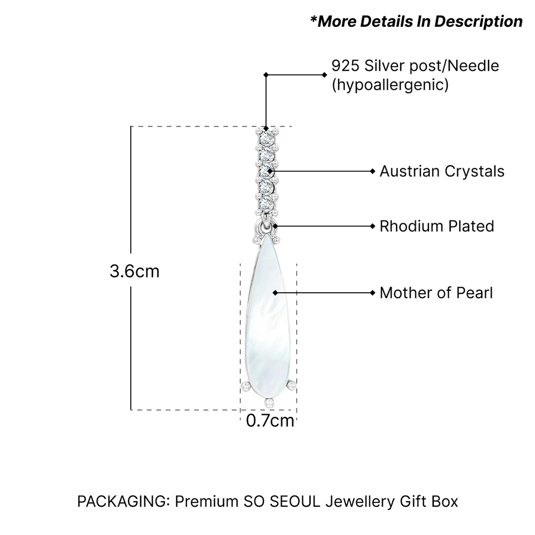 SO SEOUL Claire Elegance Mother of Pearl  Long  Teardrop Pendant Necklace and Stud Earrings Set