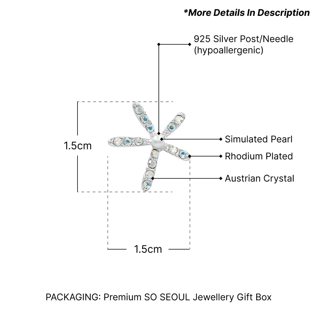 SO SEOUL Starfish White Pearl and Aurore Boreale Austrian Crystals Stud Earrings