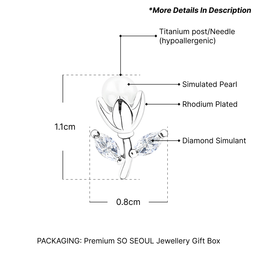 SO SEOUL Leilani Rosebud in Pearl with Marquise Leaf Diamond Simulant Stud Earrings