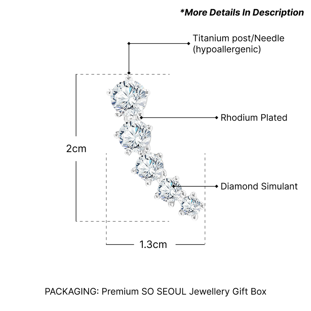 SO SEOUL Calista Rising Spark Five Solitaire Diamond Simulant Curved Stud Earrings