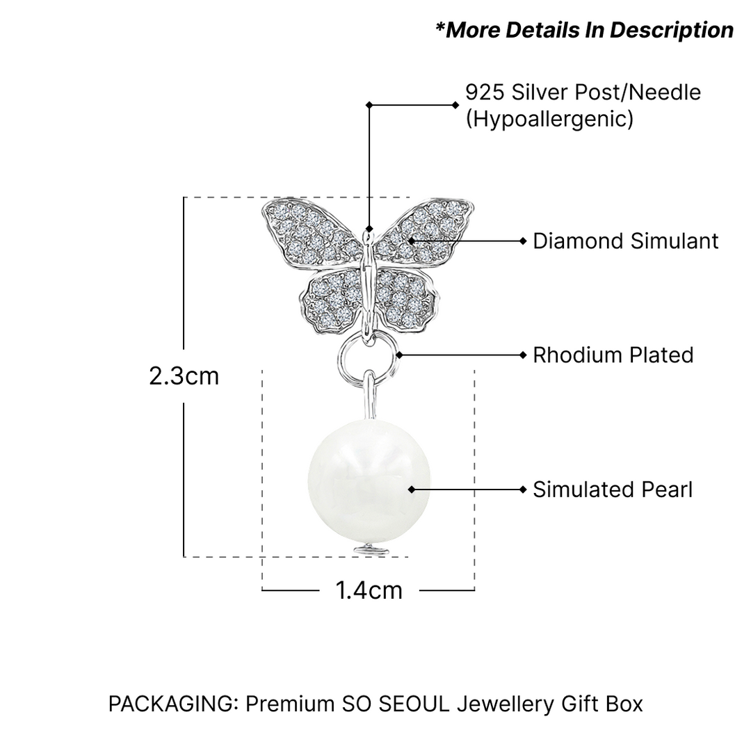 SO SEOUL Everleigh Butterfly Pearl Drop Earrings with Sparkling Cubic Zirconia Diamond Simulant