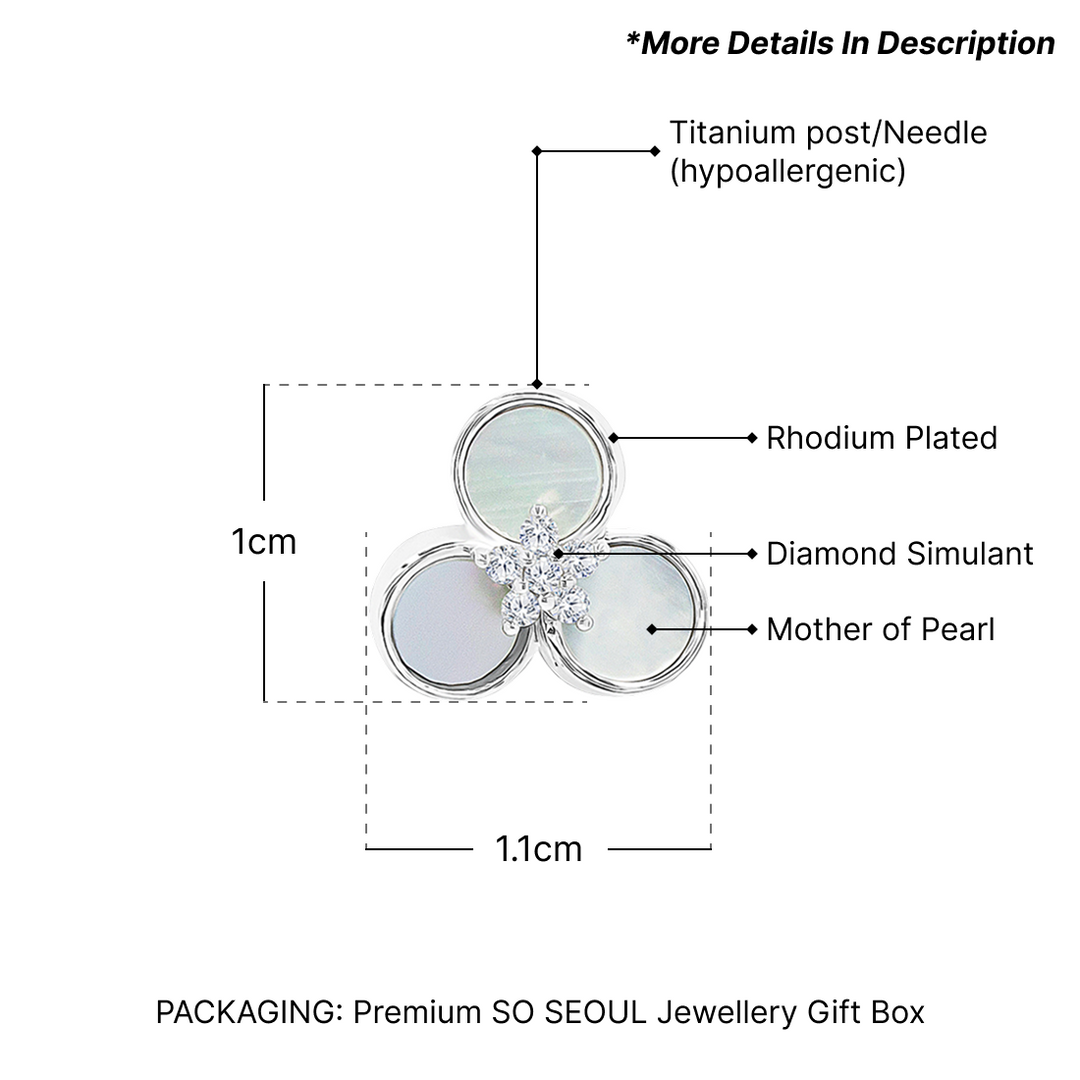 SO SEOUL Claire Mother of Pearl Three Flower Petal Diamond Simulant Stud Earrings