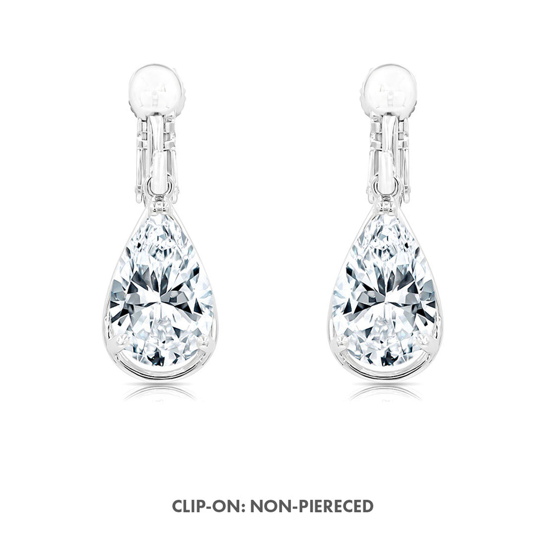 SO SEOUL Luxury Crown 3-Prong Solitaire Pear Cut Diamond Simulant Zirconia Hoop and Clip-On Earrings Set