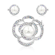 SO SEOUL Camellia Flower Oversized Pearl Austrian Crystal Rollover Clasp with Double Mini Brooch Set