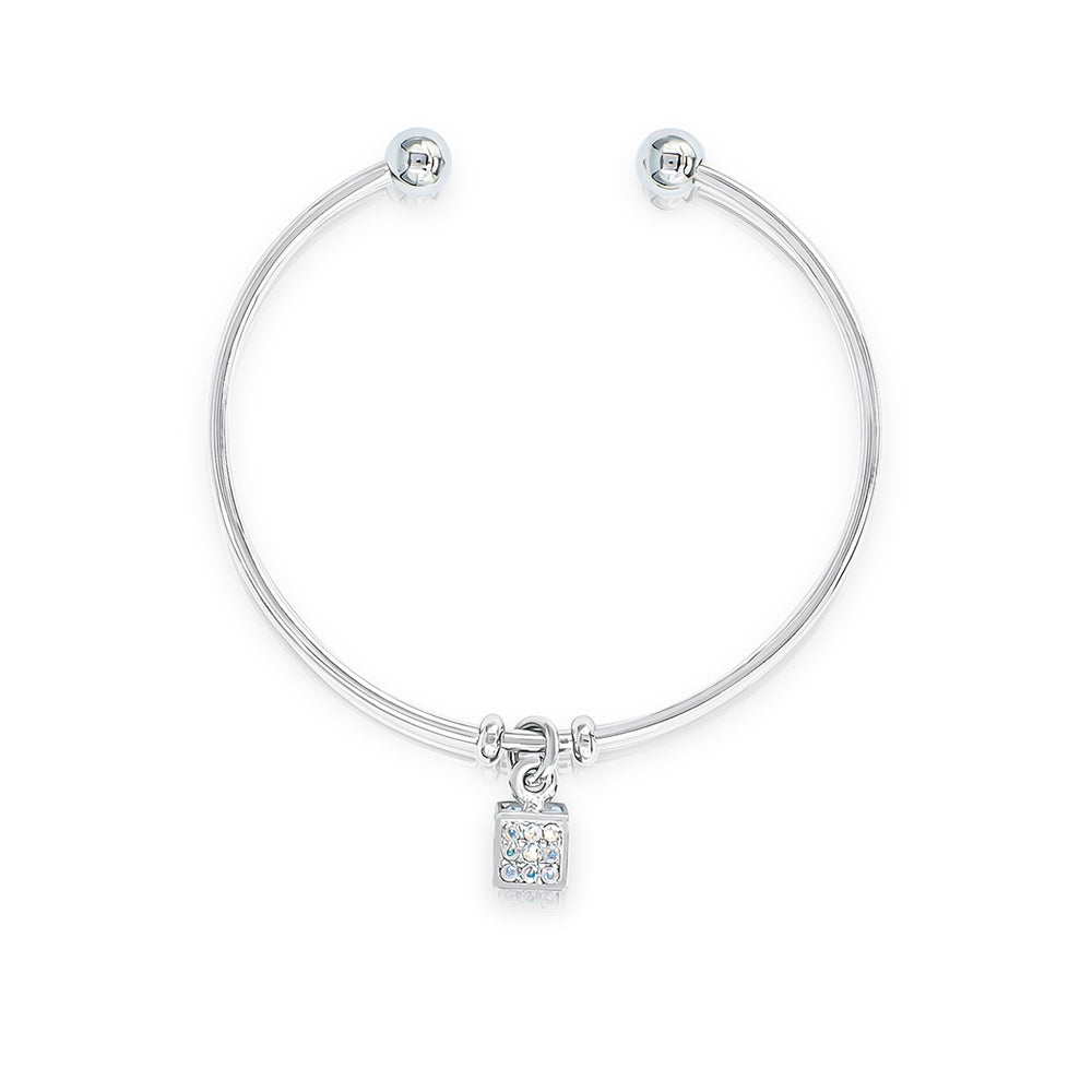 SO SEOUL Krissy Swarovski® Aurora Borealis Crystal Charm Cuff Bangle - Adjustable with Cube, Sphere, and Heart Dangles