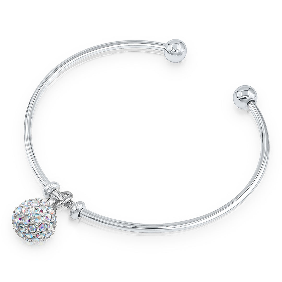 SO SEOUL Krissy Swarovski® Aurora Borealis Crystal Charm Cuff Bangle - Adjustable with Cube, Sphere, and Heart Dangles