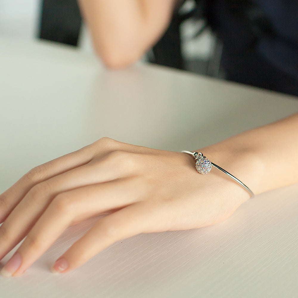 SO SEOUL Krissy Swarovski® Aurora Borealis Crystal Charm Cuff Bangle - Adjustable with Cube, Sphere, and Heart Dangles