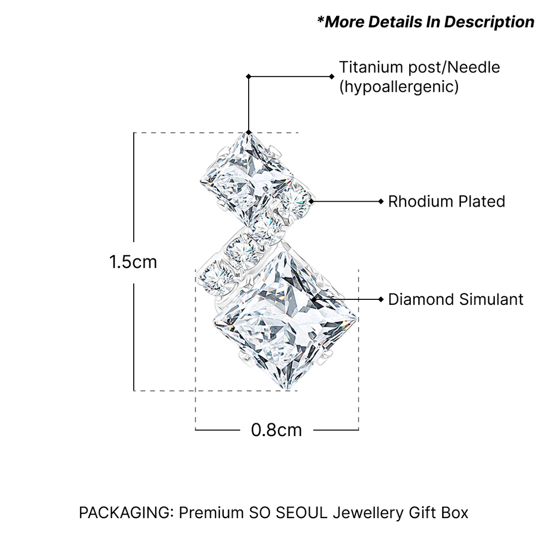 SO SEOUL Athena Emerald Zigzag Square Diamond Simulant Zircon Pierced Stud Earrings